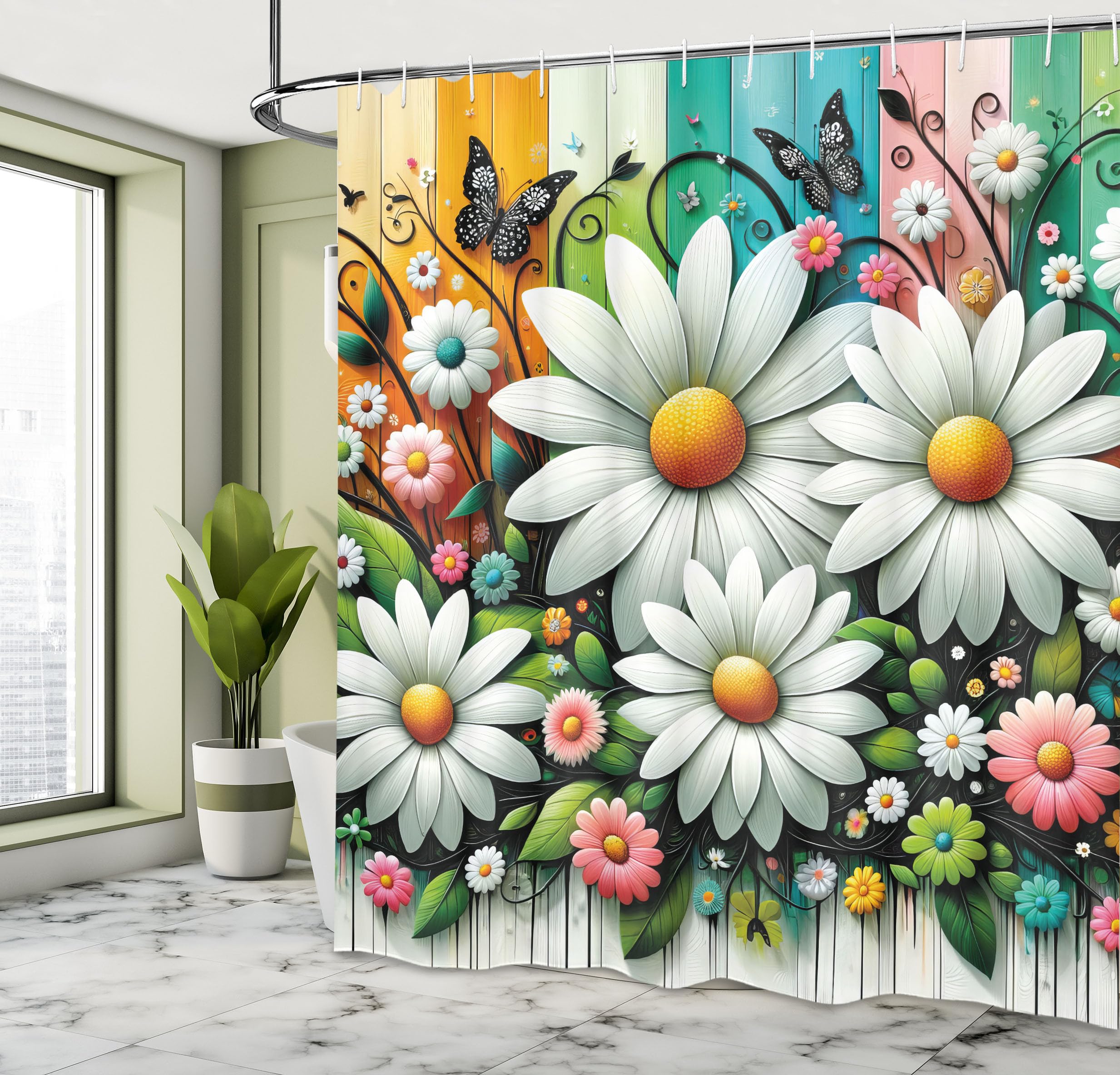 Ambesonne Spring Shower Curtain, Modern Botany Art Of Daisy With Greenery Leaves Butterfly On Colorful Back, Cloth Fabric Bathro
